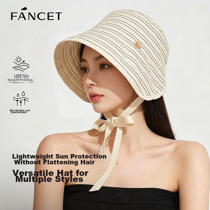 FANCET Striped Fisherman Hat for Women Summer UV Protection Wide Brim Sun Hat Japanese Minimalist Face-Slimming Sunshade Hat