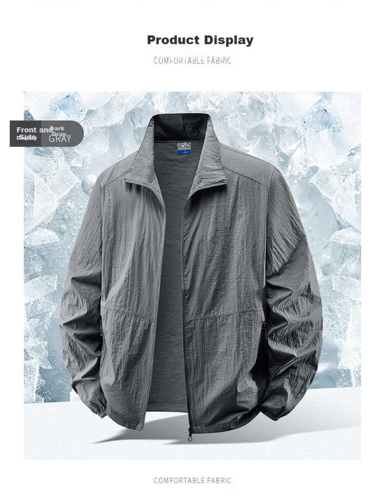 TUCANO Men's Summer Ice Silk Sun Protection Jacket Breathable Thin Stand Collar Quick-Dry Outerwear Light Gray 2XL 7