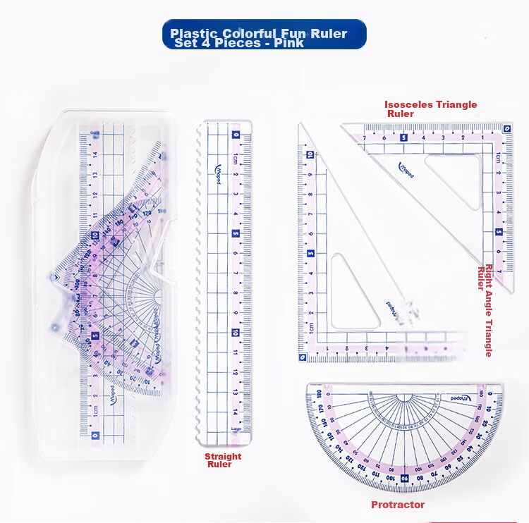 Maped Colorful Multifunctional Ruler Set, 15cm Wave Straight Ruler, 45° Triangle Ruler, 60° Triangle Ruler, 180° Protractor, Study And Exam Ruler Set, 981766CH, Pink 9