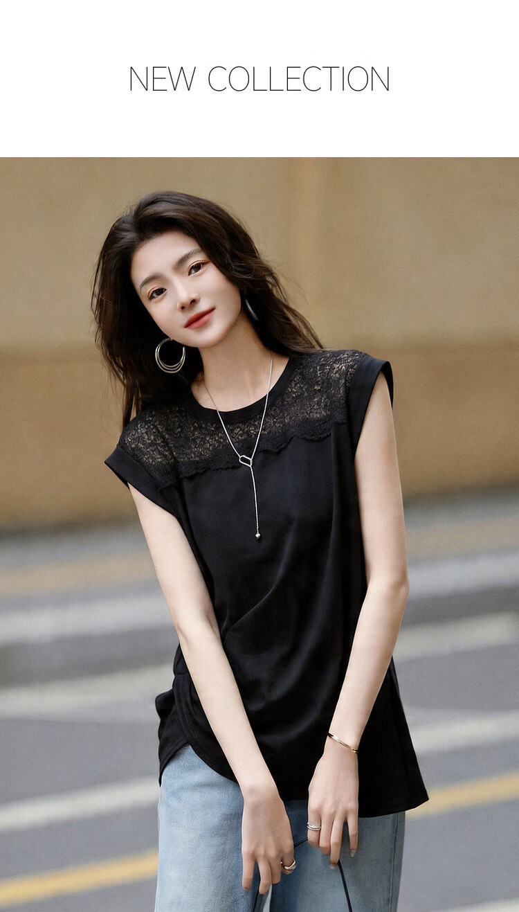 Demana [Cooling Black Technology Sorona] Summer Elegant Lace Splice Crew Neck Pleated Hem Short Sleeve Women's T-Shirt 1