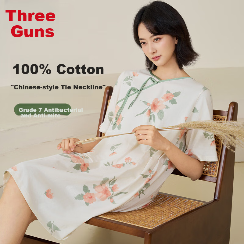 Threegun [Wind Catcher Series] Spring Summer Women's Cotton Short Sleeve Nightdress Homewear Outerwear Traditional Style Dress