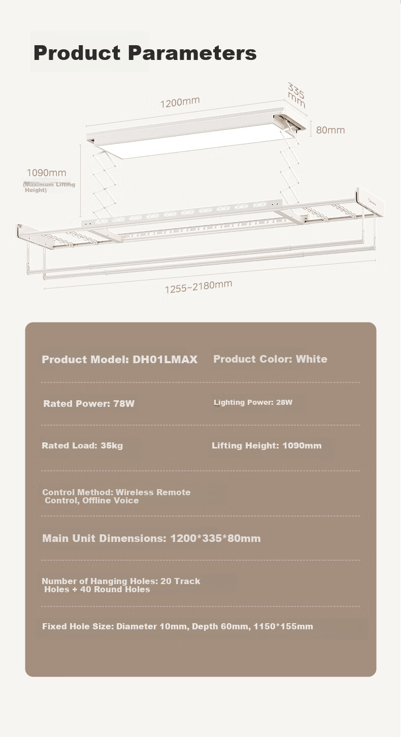Midea Electric Clothes Drying Rack Smart Voice-Controlled Lift Ultra-Thin Dryer DH01LMAX 14