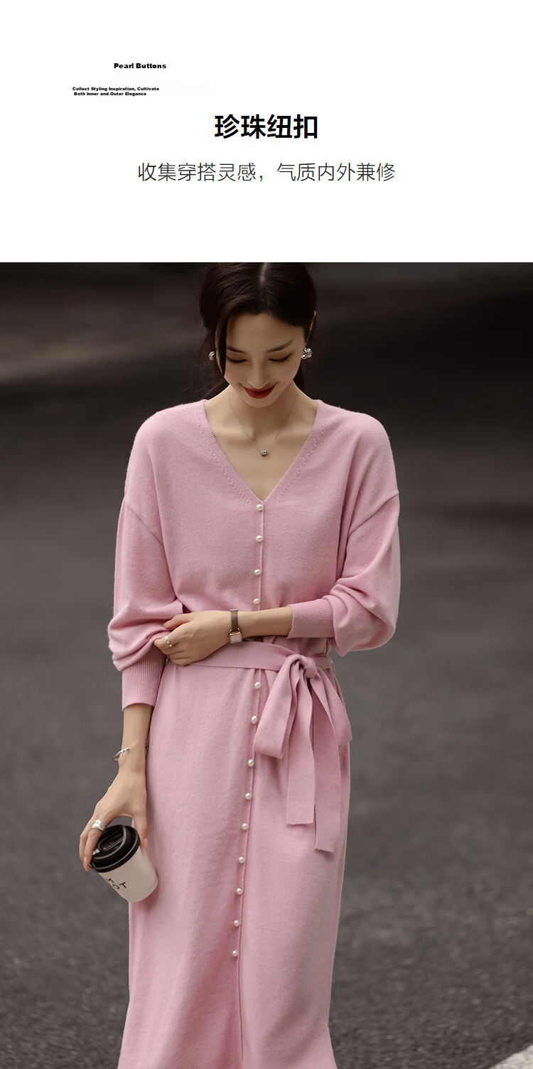 Demana Women's Spring Soft V-Neck Pearl Button Drop Shoulder Adjustable Waist Dress with Wool 6