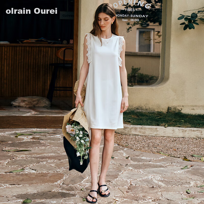 Olrain European Style Simple Elegant White Straight Dress Women's Summer Mid-Length Dress White S