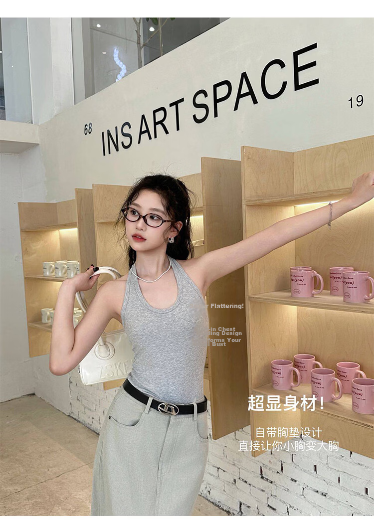Free Style Halter Neck Tank Top for Women Summer New Padded Chest Sleeveless Sports Fitness U-Neck Back Shirt 9