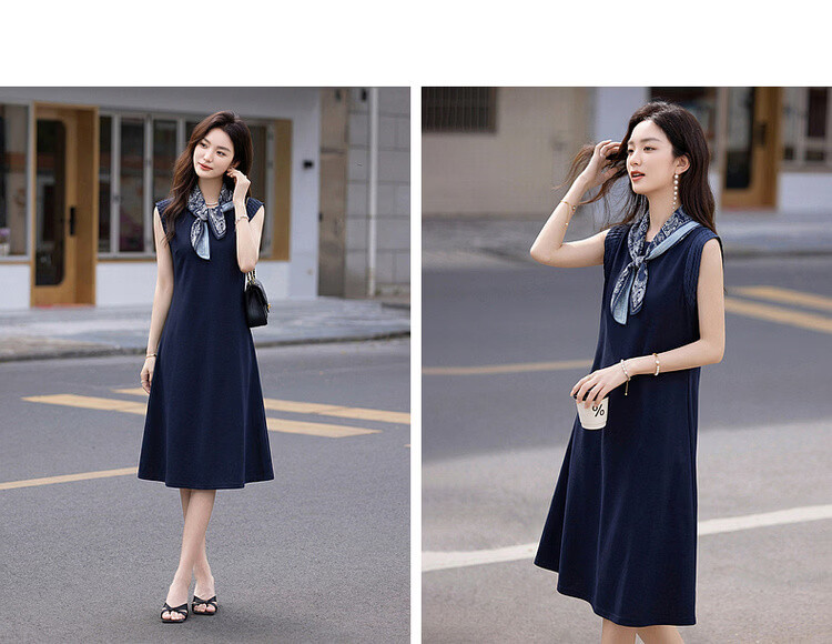 Demana Silent Breath Summer Elegant Urban Sleeveless Mid-Length Dress with Scarf and Pleated Round Neck Splicing 11