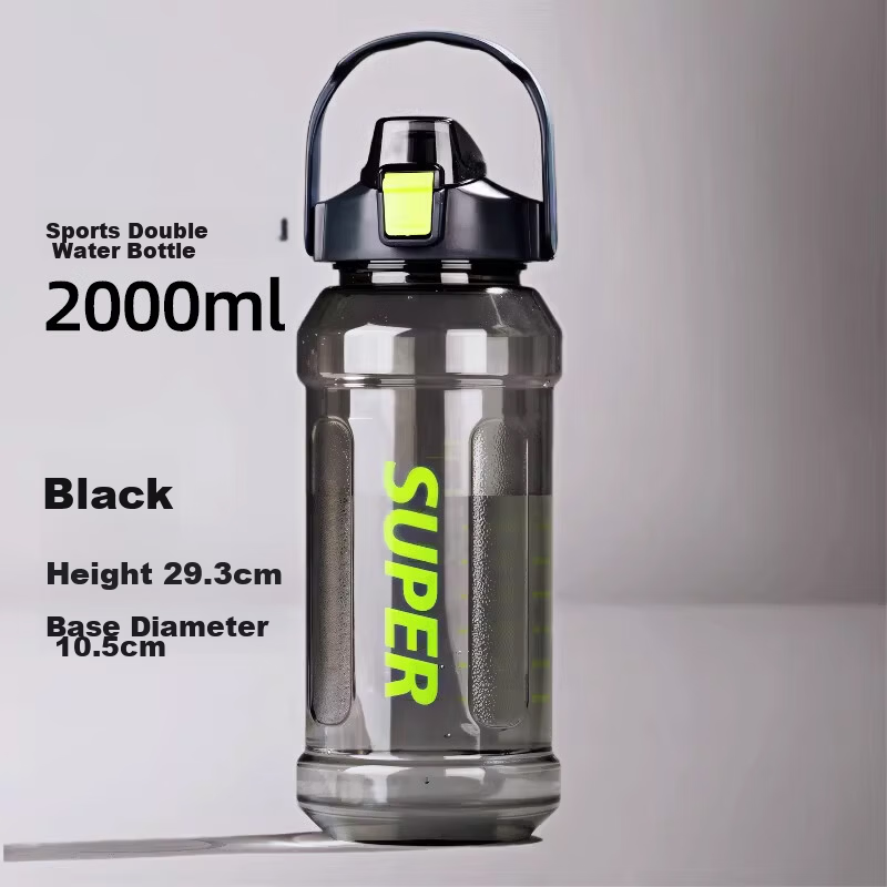 Chaoyan Large Capacity Plastic Sports Water Bottle Straw Cup Portable Space Cup Summer 2000ml Black