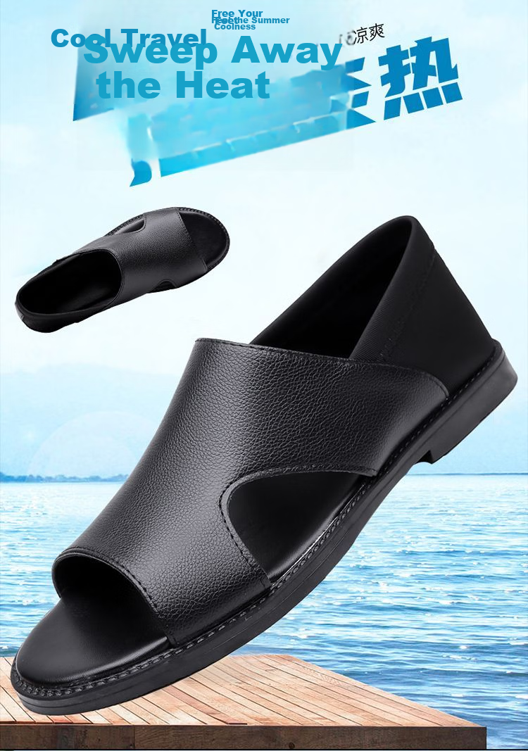Jingzhenlianggong Men's Summer Sandals Dual-use Slippers Non-slip Soft Sole Beach Shoes Black [Leather Texture] Size 38 1
