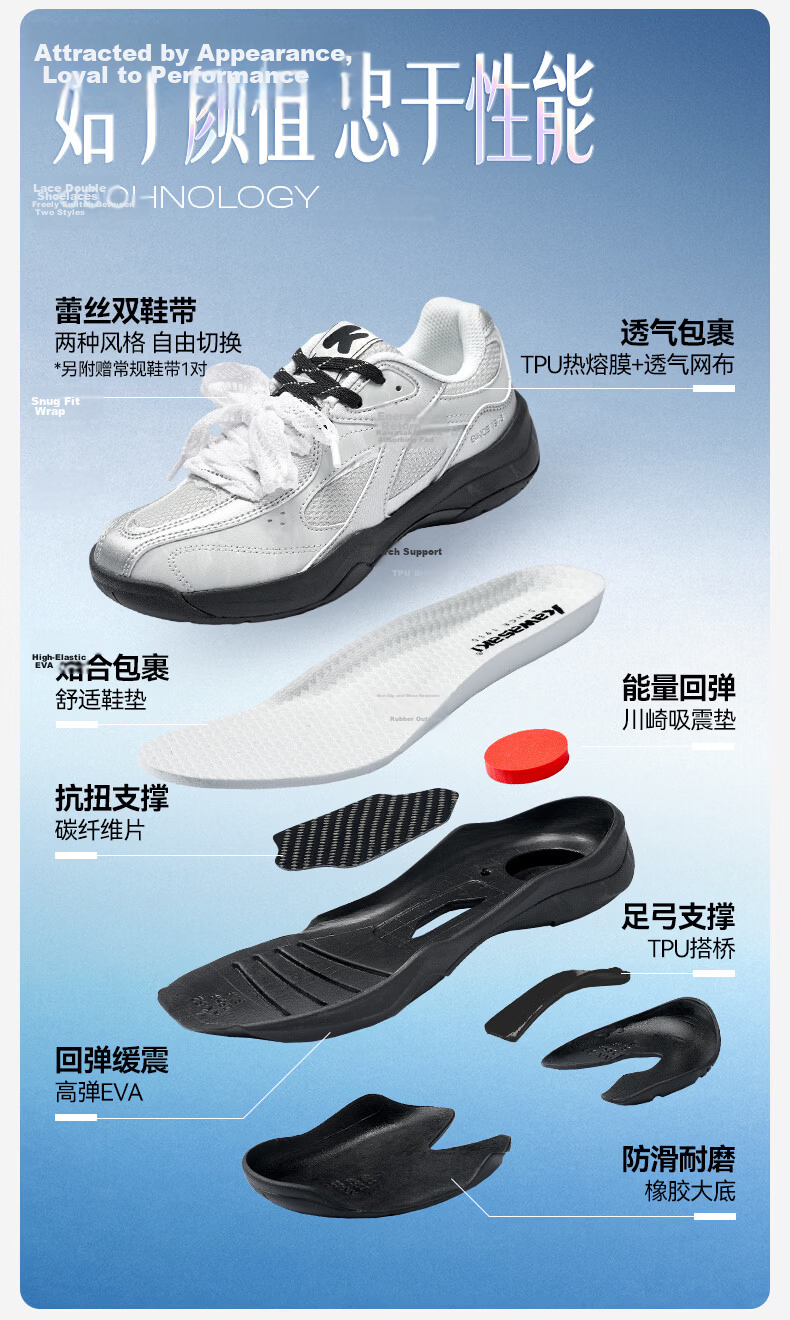 KAWASAKI Women's Badminton Shoes Blue and White Porcelain Series Moxi Non-Slip Shock Absorption Durable Sports Shoes D22044 White Size 38 6
