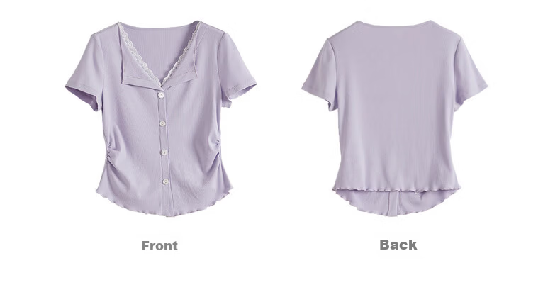 Sllsky Slow Style Lace Splice V-Neck T-Shirt Women Short Sleeve Fashionable Designer Top 2026 Summer New Arrival 21