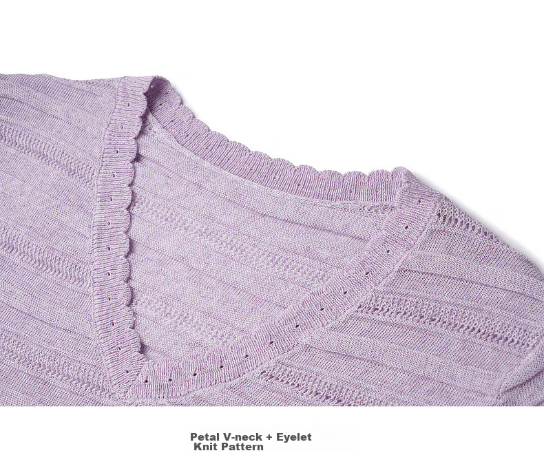 Olrain Purple V-Neck Hollow Casual Simple Short Sleeve Pullover Knit Top for Women, Size M 23