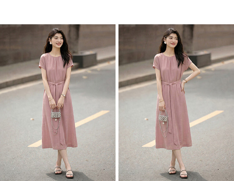 Demana Natural Linen Summer Elegant Round Neck Fabric Belt Loose Petite Mid-Length Dress for Women 13