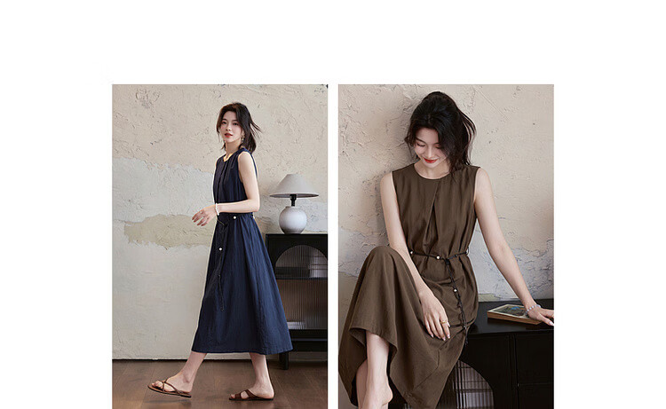 Demana Elegant Urban Summer Simple Cotton-Blend Stretch Round Neck Pleated Sleeveless Belted Dress for Women Premium Feel 6