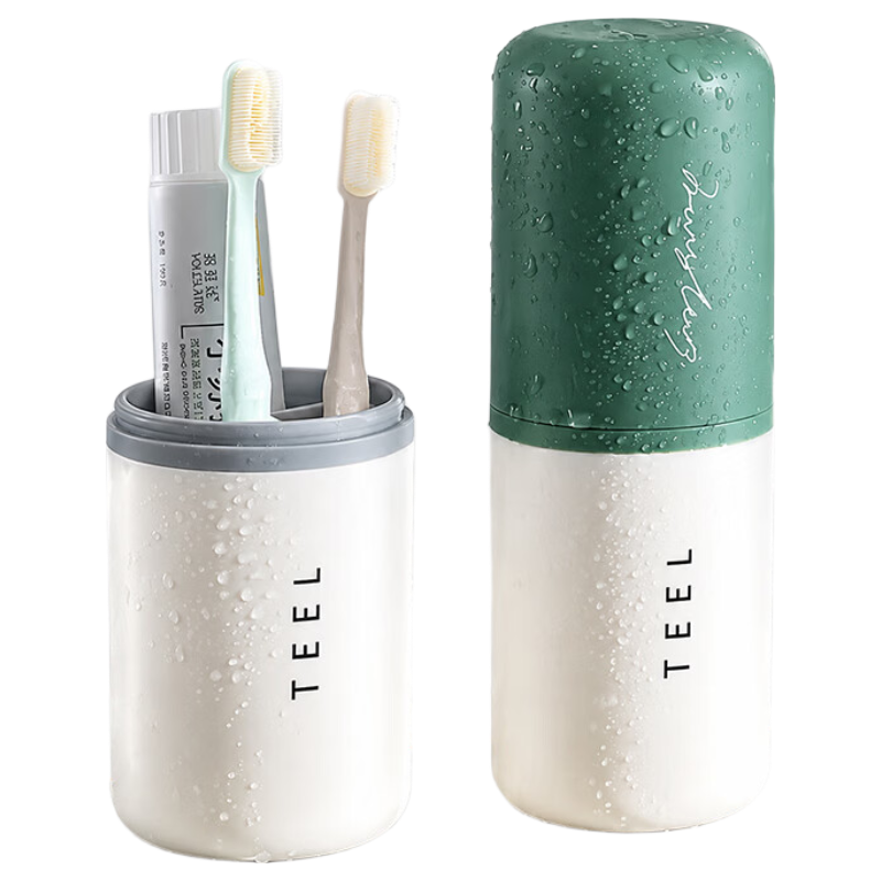 JAJALIN Travel Toiletry Cup Set with Detachable 2 Toothbrush Cups, Creative Simple Toothbrush Holder Box for Travel Toiletry Kit, Light Gree