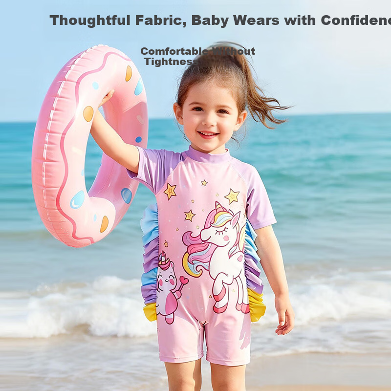 9i9 Kids Girls One-Piece Hooded Swimsuit Summer Unicorn Sun Protection Quick-Dry Hot Spring Swimwear B101 Pink Purple L