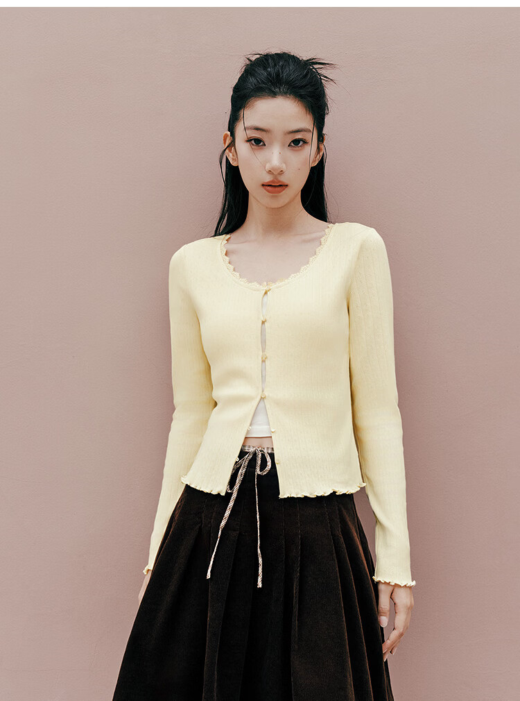 Semir [Pure Cotton] Long Sleeve T-Shirt Women 26 Autumn Short Slim Lace Trim Thin Cardigan 109526101005 23