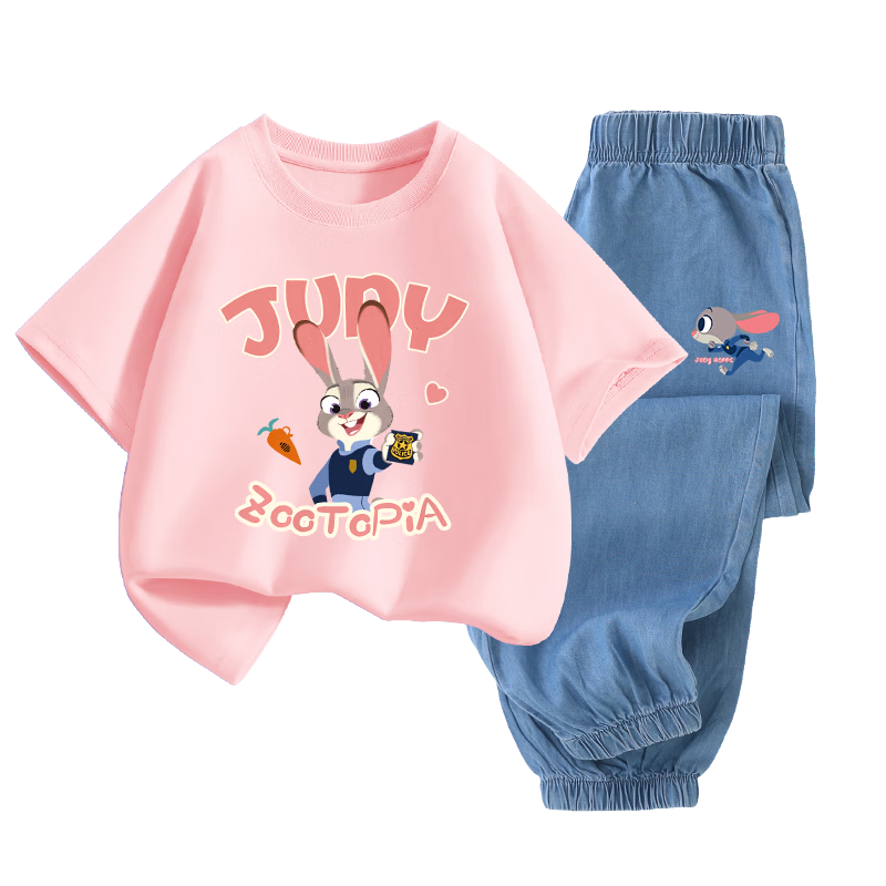 Disney Girls' Short Sleeve T-Shirt and Tencel Denim Pants Set - Judy Pink T-Shirt + Running Dark Blue, Size 150