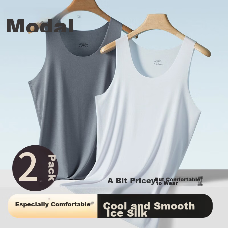 Men's Modal Vest Summer Ultra-Thin Ice Silk Seamless Sports Base Shirt Casual Loose Sleeveless Vest 2-Pack L