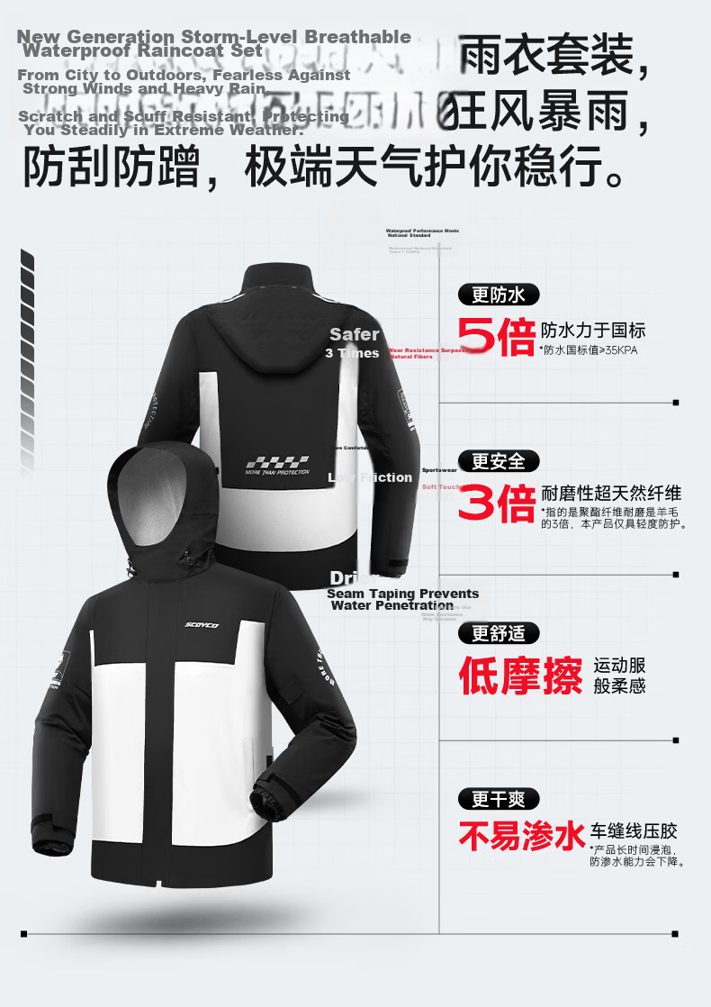 SCOYCO RC11 Motorcycle Raincoat, Heavy-Duty Waterproof Two-Piece Rain Jacket Set, Windproof And Rainproof, Suitable for Commuting, Motorcycling, All Seasons 2