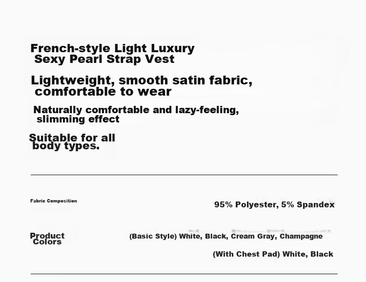 Audifine French Style V-Neck Pearl Strap Satin Sleeveless Loose Fit Tank Top Outerwear Light Gray M 3