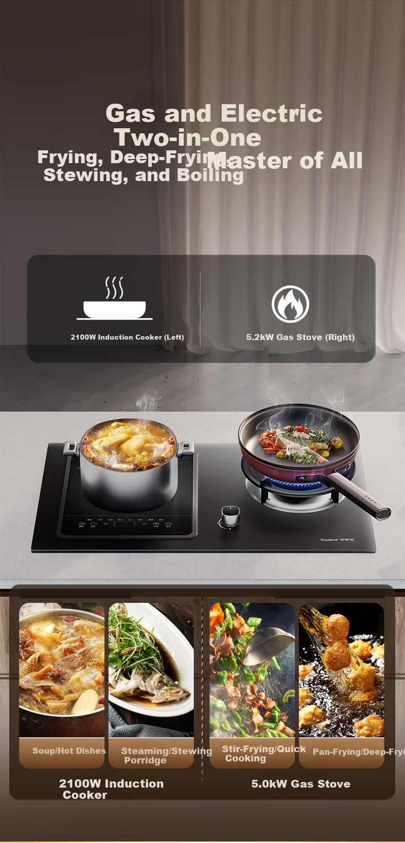 Royalstar Extraordinary Series Dual Fuel Gas and Electric Stove Built-in Double Burner Gas Cooker with Copper Burner Cap JZDY-25A1 Left 3