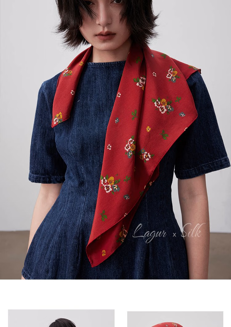Lagur Nostalgic "Oriental Aesthetic" Vintage Red Mulberry Silk Scarf Square Hong Kong Style Women's Gift for Mom Camellia Red 13