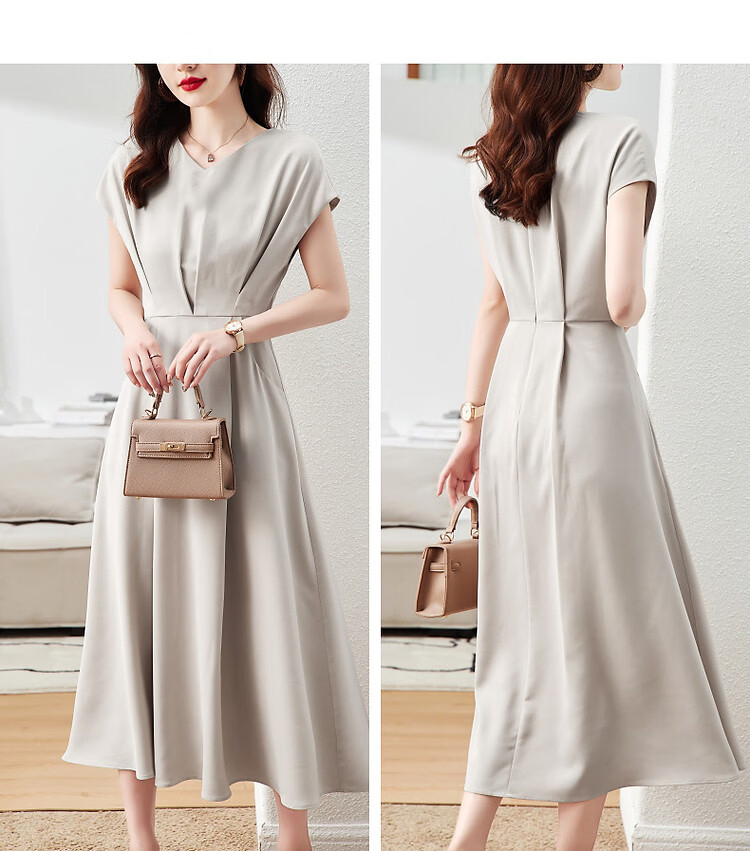 DME A-Line Skirt Summer Commuter V-Neck Short Sleeve Simple Mid-Length Dress for Women 21