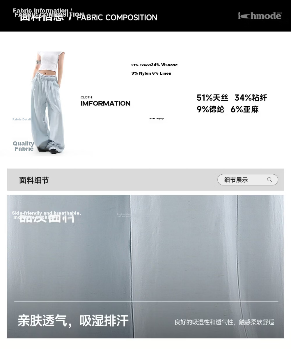 ICH MODE Women's Draped Linen Casual Pants New Loose Straight Wide-Leg Trousers Sports Pants Four Seasons Navy Blue S 3