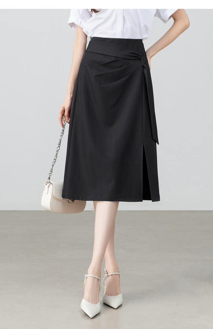 Shangdu Bira Designer Ribbon Pleated Slimming Slit A-Line Mid-Length Skirt for Women Spring Summer High-End Commuter Skirt 18