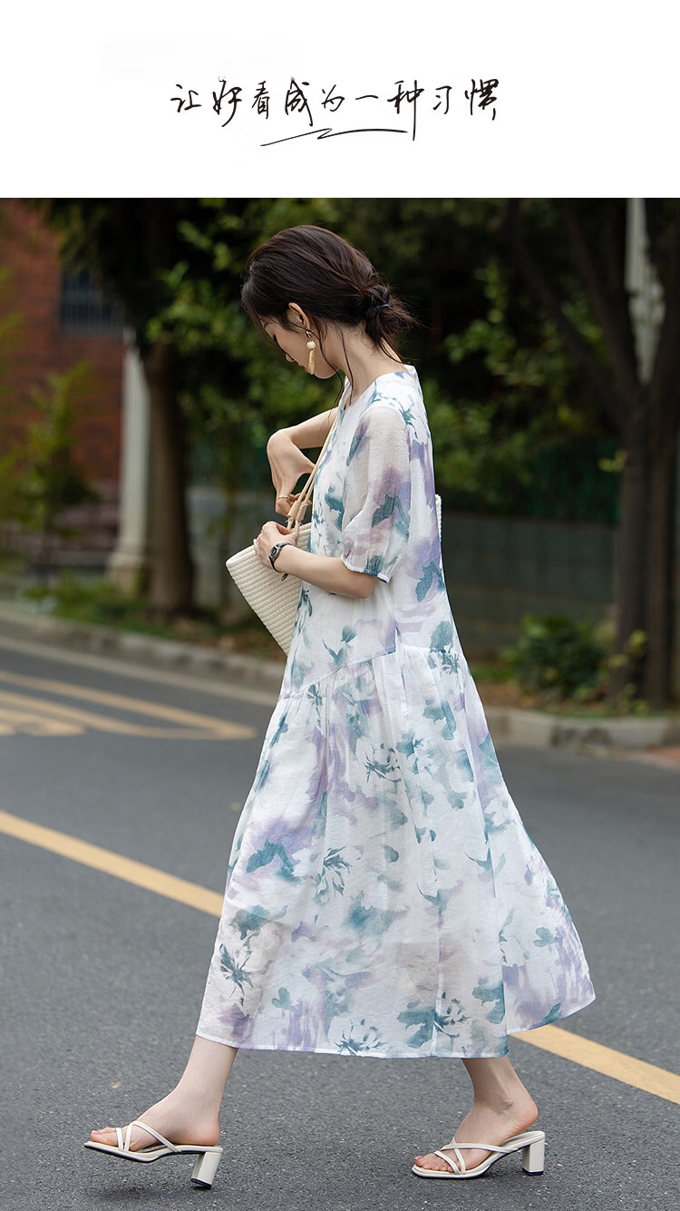 Demana [Refreshing Lyocell] Summer Romantic Print Irregular Patchwork Flared Slim Fit Dress for Women High-End Feel 1