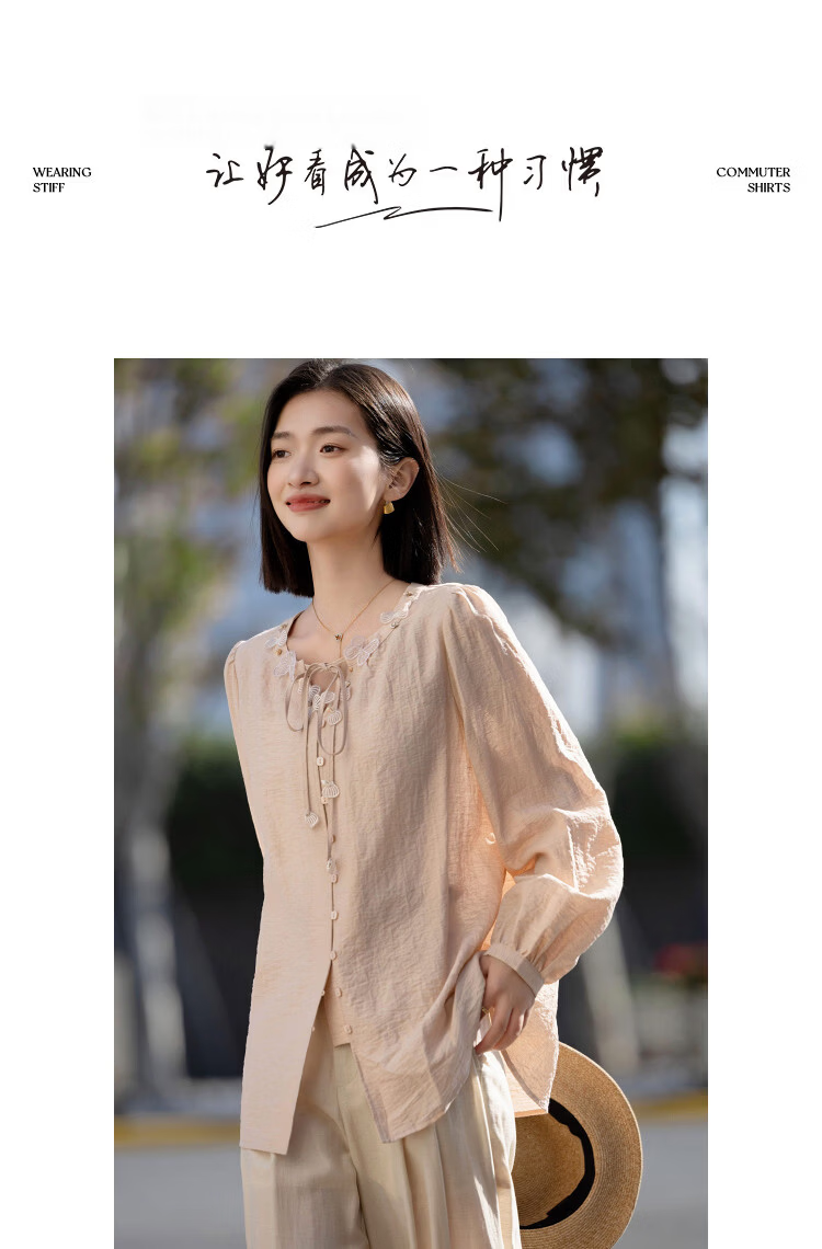 Demana [With Linen] Spring Sweet Style Ribbon Butterfly Shell Puff Sleeve Loose Fit Petite Women's Shirt 10