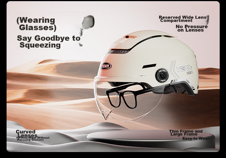 YEMA 3C Certified Electric Motorcycle Helmet Unisex Summer Sun Protection Breathable Skylight Half Helmet Four Seasons Dual Lens Electric Scooter Safety Helmet 370S Khaki White 19