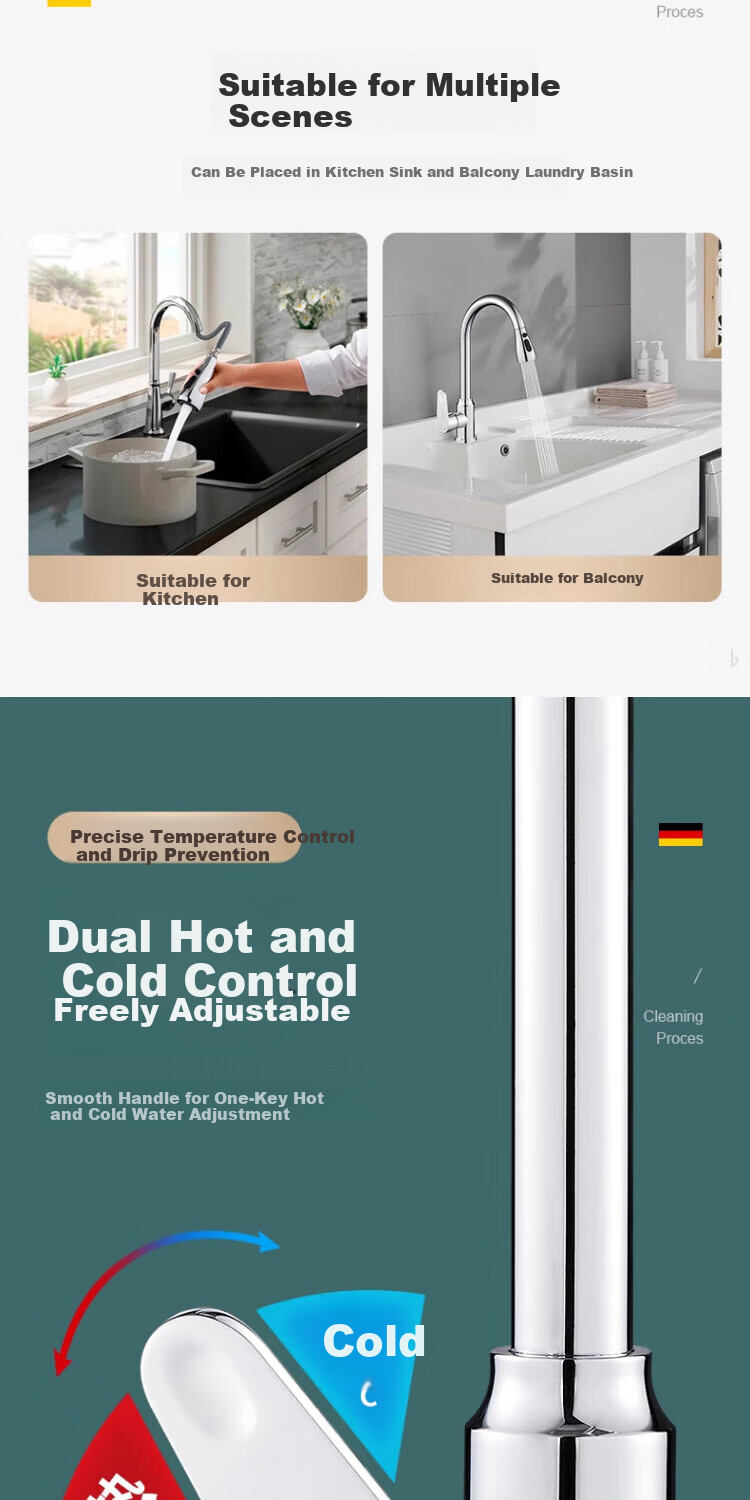 IVORPO [Germany] All-Copper Kitchen Pull-Out Faucet Hot and Cold Two-in-One Rotatable Sink Stretchable Swivel Faucet 7