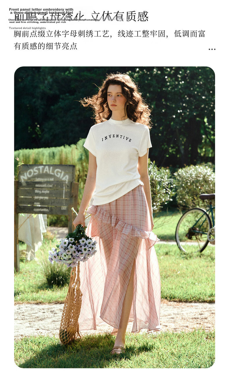 Olrain Oureier Stand Collar Letter Embroidered Short Sleeve T-Shirt Women Summer Casual Slim Fit Top White M 9