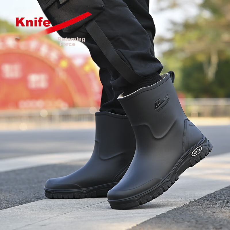 Warrior Men's Mid-Calf Waterproof Rain Boots Rubber Shoes Lightweight Chef Shoes H5388 Black Size 42