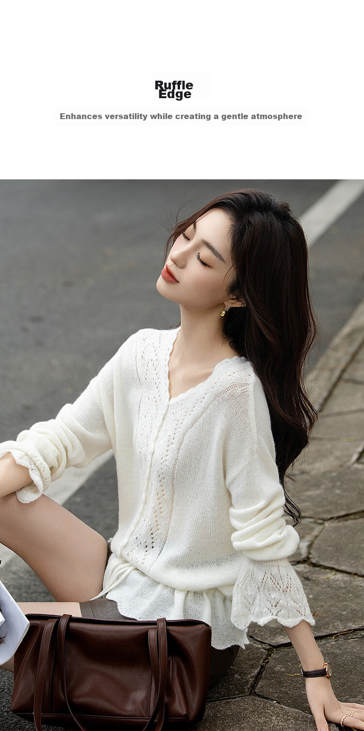 Demana Mohair Wool Blend Autumn V-Neck Hollow Jacquard Ruffle Drawstring Slim Knit Sweater for Women 7