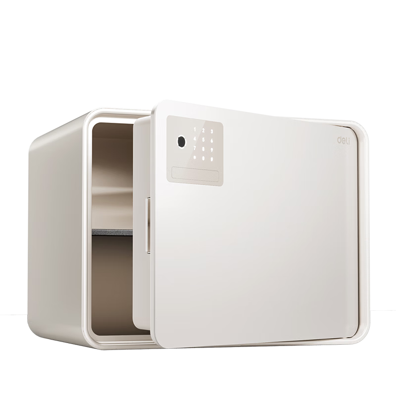 Deli Safe 26th Anniversary New Home Safe Supreme 30cm Fingerprint Unlock Small Security Box Anti-Theft Piggy Bank Auto Door Opening AE224-Z White
