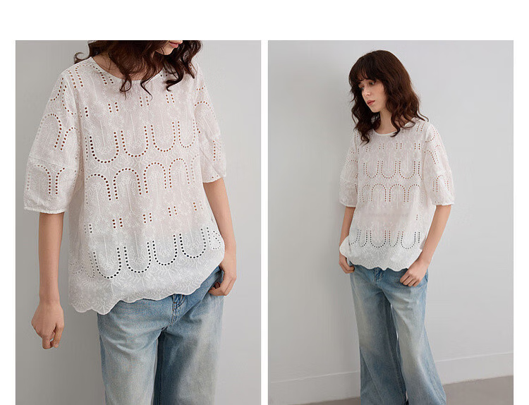 Demana Pure Cotton Light Life Summer Artistic Lace Embroidered Round Neck Shirt with Hem Lace Short Sleeve Blouse for Women 5
