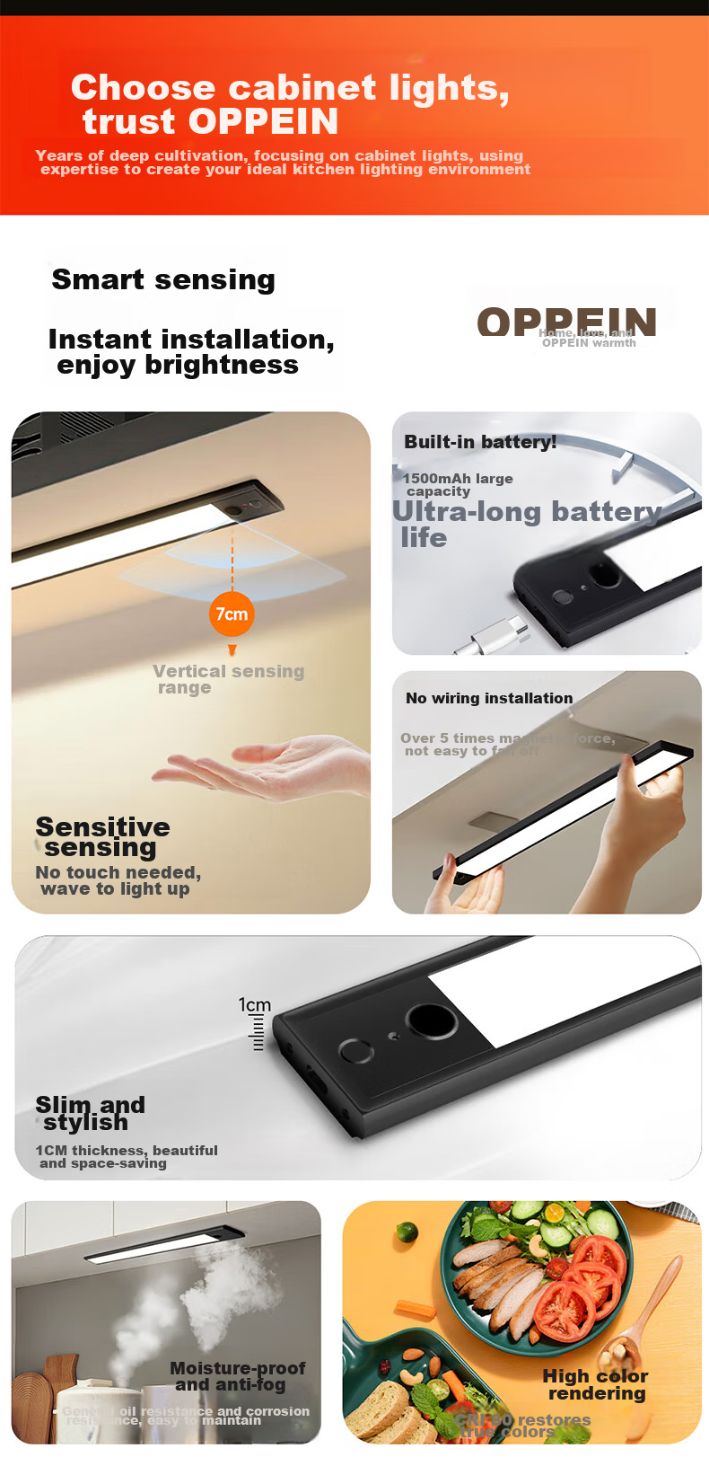 Oppein Induction Cabinet Light Wardrobe Light LED Hand-Sweep Sensor Magnetic Rechargeable Kitchen Shoe Cabinet Night Light 4