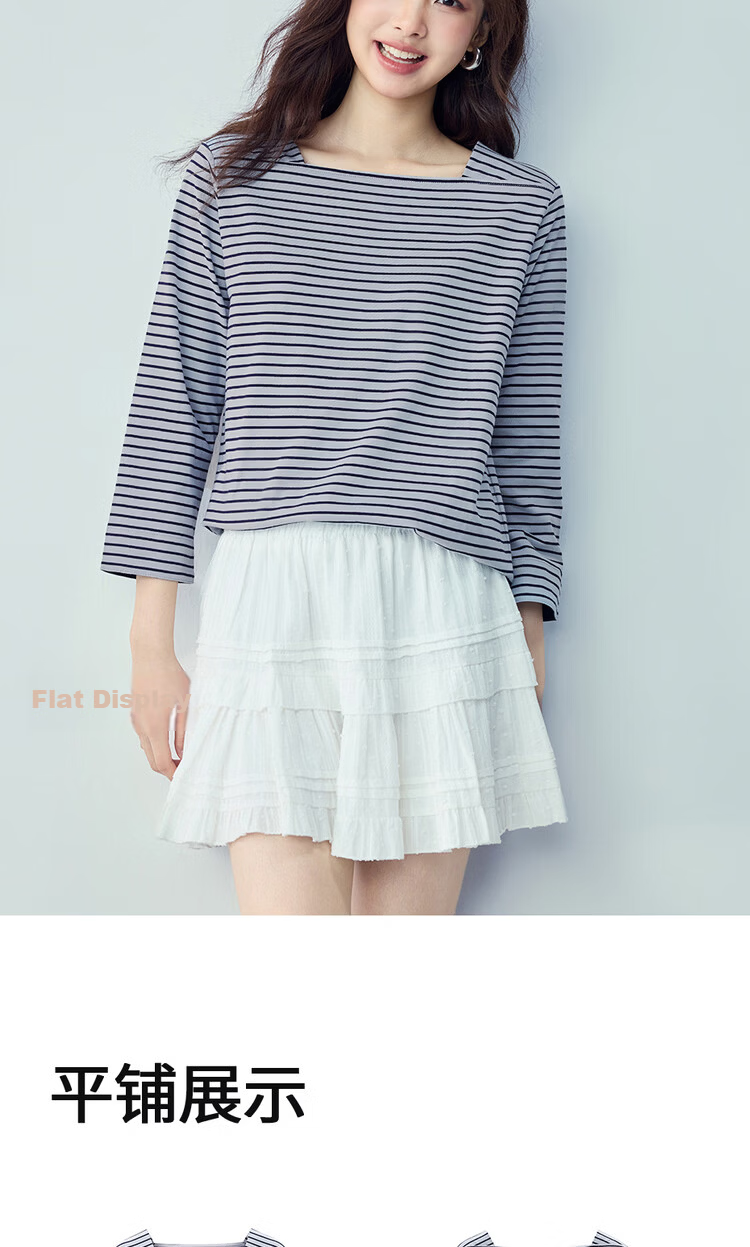 Giordano Women's Striped T-Shirt Summer New Pure Cotton Nautical Square Neck Three-Quarter Sleeve Casual Top 13326236 17