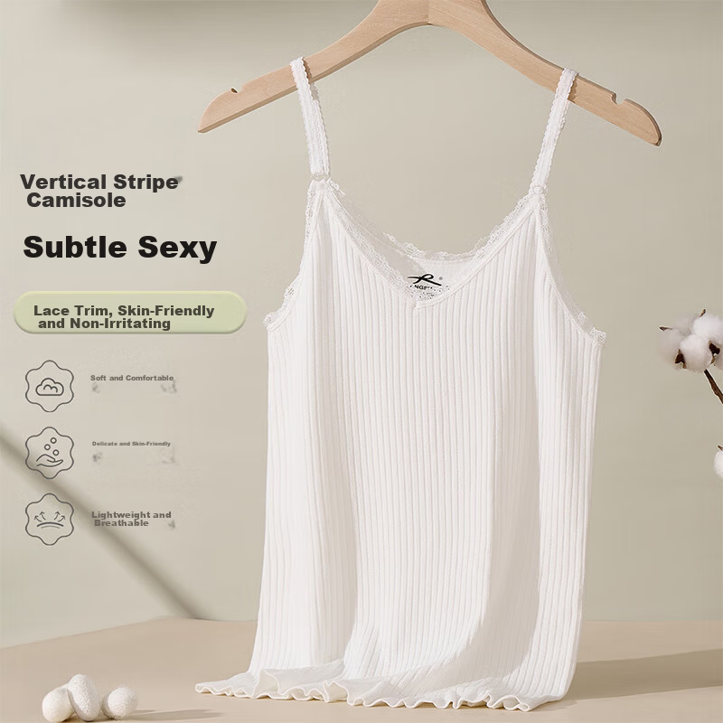 LangSha Women's Ribbed Skin-Friendly Spring Summer Camisole Lace V-Neck Trim Comfortable Base Layer Tank Top
