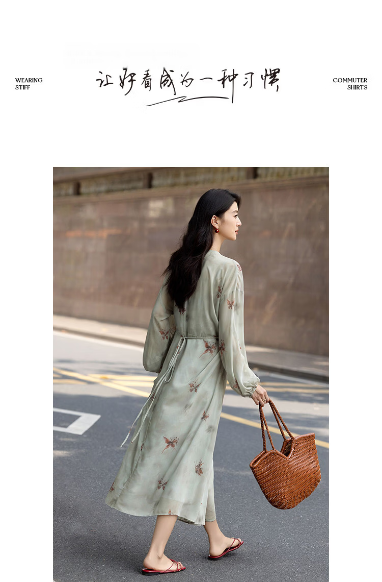 Demana Elegant Chiffon Fairy Spring Lightweight V-Neck Dress with Camisole, Printed Belt, Extended Length, Slim Fit Women's Dress 10