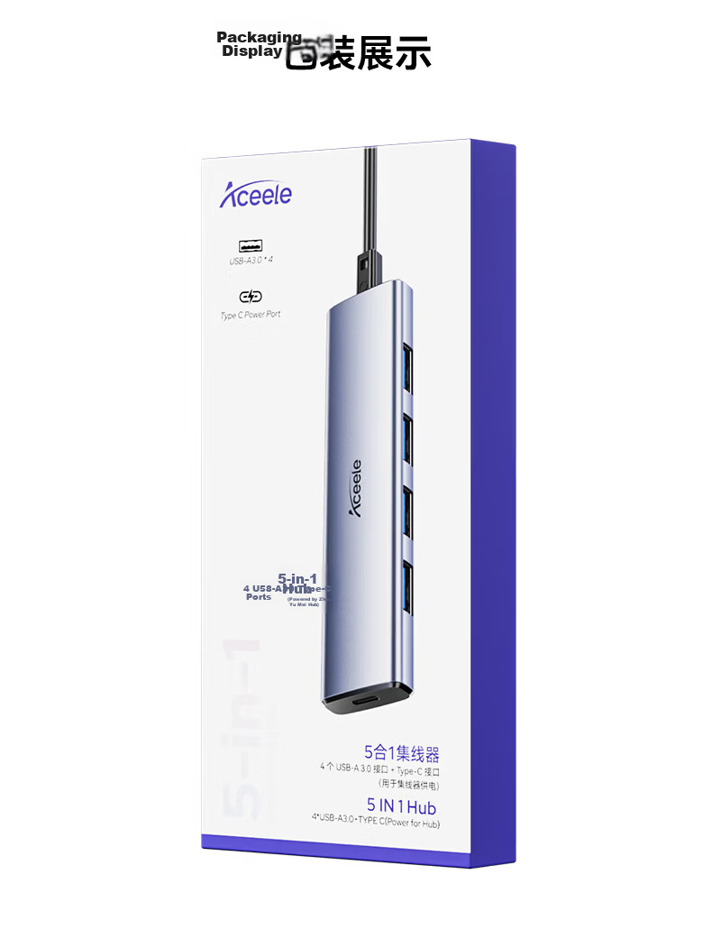 ACEELE USB 3.0 4-Port High-Speed Hub Type-C Power Delivery Splitter 4-in-1 Converter Plug and Play Smooth Aluminum Case Gray 0.2m 13