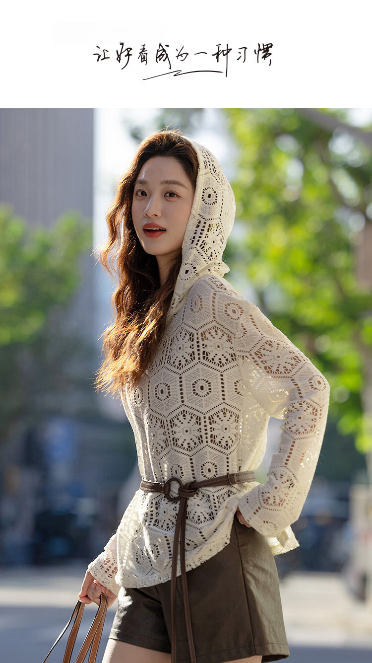 Demana [Moonlight Lace] Spring Elegant Lady Lightweight Hooded Hollow-out Design Loose Fit Petite Women's T-Shirt 1