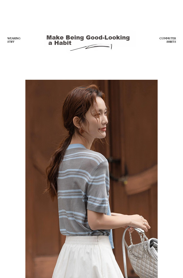 Demana Breathable Yarn Spring College Style Ribbon Striped Loose Slim Short Sleeve Women's Knit Sweater 10