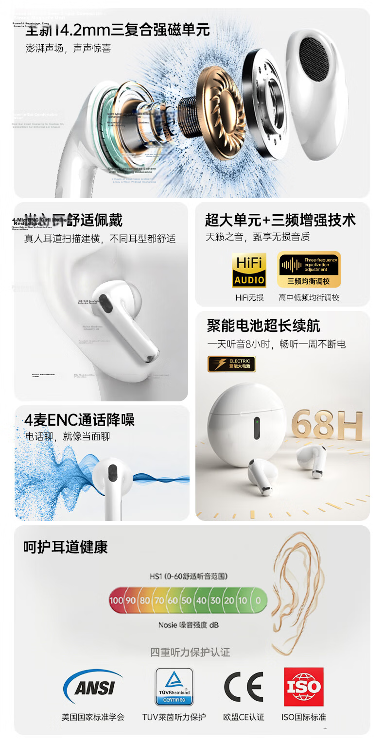 MICROKIA 2026 Latest HIFI Sound Quality Bluetooth Earbuds Semi-In-Ear Wireless Long Battery Life Sports Noise-Canceling Headphones for Apple 4