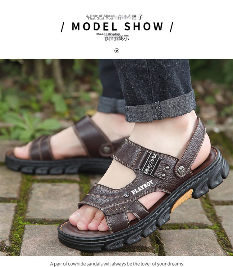 PLAYBOY Men's Sandals 2026 Summer Breathable Beach Shoes Men's Hole Shoes First Layer Cowhide Slippers Brown Size 43 5