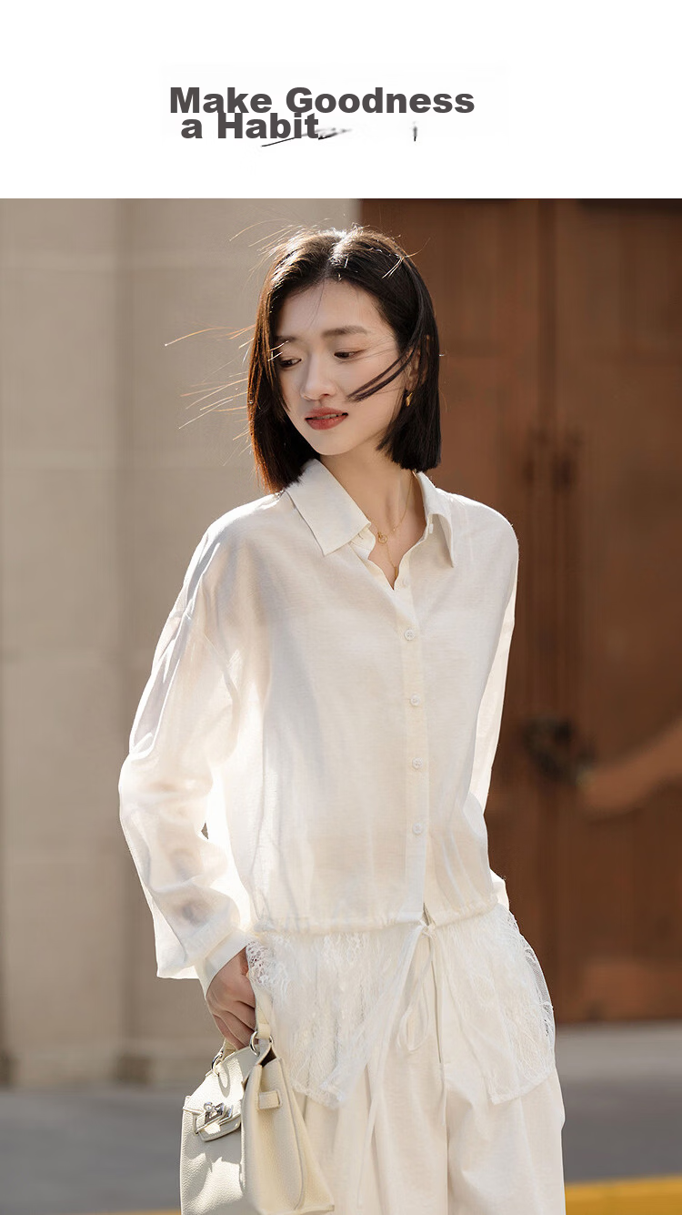 Demana Luxury Linen Spring Elegant Lapel Lace Splice Drawstring Loose Petite Women's Shirt 1