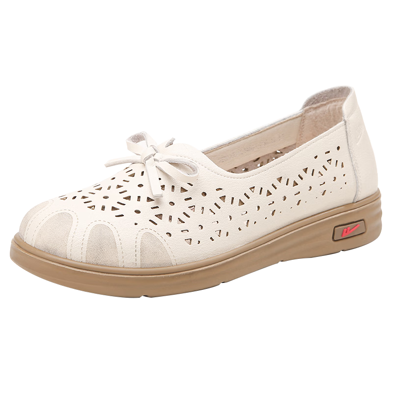 Warrior Comfortable Mom Shoes Non-Slip Summer Sandals for Middle-Aged Women Breathable Soft Sole Leather Shoes 0146 Beige Size 39