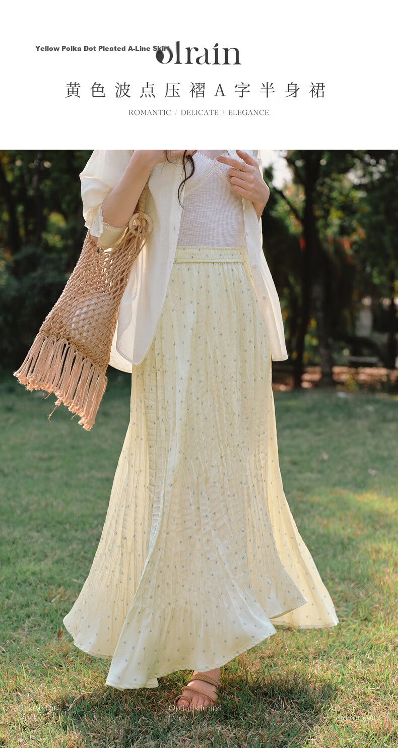 Olrain Yellow Polka Dot Pleated A-Line Skirt Women's Summer High Waist Mid-Length Skirt Yellow S 1